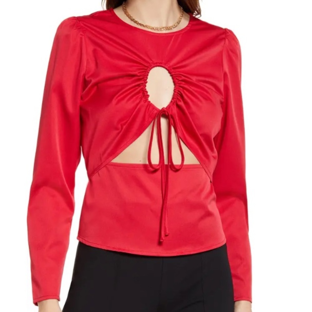 OPEN‎ EDIT Cutout Detail Red Long-sleeve Blouse, Size XXS, NWT